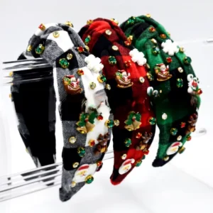 New Women Christmas Plaid Fabric Headband Rhinestone embellished Snowflakes Bell Knotted 13CM Fashionable Holiday Hair Accessory