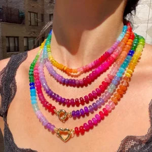 New Women Fashion Beaded Pendant Necklace Stainless Steel Jewelry Colored Natural Crystal Stone Beads Charm Choker Necklace