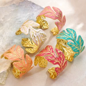New Women Leaf Enamel Open Bangle Stainless Steel Gold Plated Fashion Cuff Bracelet Summer Jewelry