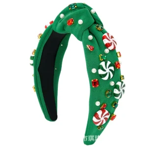 New Women’s Christmas Headband Red Green Fabric Paired Pearl Rhinestone Windmill Candy Handmade Knotted Fashion Hair Accessory