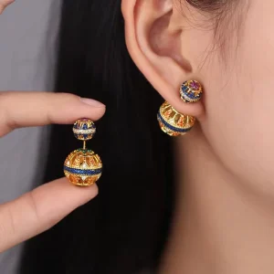New Women’s Copper Gold Geometric Hollowed Balls Vintage Antiqued Drop Earrings Design Zircon Stones Exaggerated