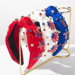 New Women’s Independence Day Handmade Diamond Studded American Flag Headband with Stars Sun & Cross Trendy Hair Accessory