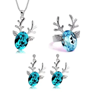 New Year Crystal Rhinestone Fashion Crystal Costume Jewelry Sets Deer Necklace Earring Ring Set