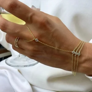 Newest Fashion Jewelry Rhinestone Crystal Chain Link 18K Gold Plated Stainless Steel Bracelet Hand Ring for Girl Women