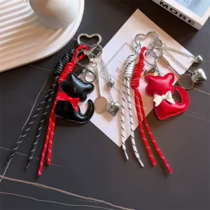 Newest Fashionable Leather Cat Shaped Braided Rope Badminton Pendant Carabiner Keychain PU Leather Cartoon Kitten Bag Decoration