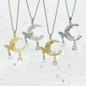 Newest Korean Fashion Butterfly Necklace Jewelry for Women Gold Plated Stainless Steel Long Tassel Necklace Pendant