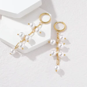 Niche fashion pearl tassel earrings with fresh and sweet design 18K gold stainless steel earrings