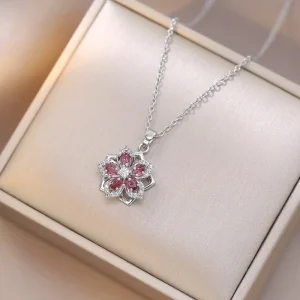 Nickel Free Crystal Flower Rotatable Pendant Hypoallergenic Stainless Steel Casual Relief Women Jewelry Necklace Factory Direct