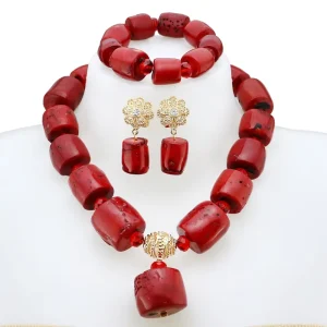Nigerian Bride Wedding Accessory Red Beaded Necklace Earring Set with Floral Carving Gold Filigree YL141