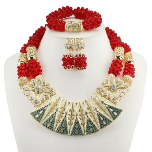 Nigerian Traditional Red Bead Necklace and Earring Set Gold Plated African Bridal Wedding Jewelry