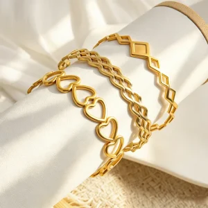 Non Fade New Fashion Trendy 304 Stainless Steel Geometric Heart Square Wave 18k Gold Plated Open Charm Bangle Bracelet Women’s