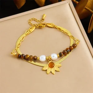 Non Fade Tiger’s-Eye Beads Bracelets Women Pearl Maple Leaves Pendant Bracelet Double Layered Stacking Fashion High-End Jewelry