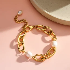 Non Tarnish Geometric Pearl Gold Plated Stainless Steel Charm Bracelet for Women Trendy Wedding Party Minimalist Jewelry