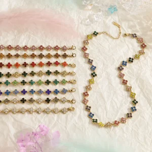 Non Tarnish Luxury Designer Inspired Clover Choker Necklace 18K Gold Plated Colorful Zircon Four Leaf Clover Choker Necklace