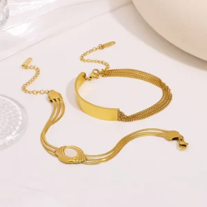 Non Tarnish Stainless Steel 18K Gold plated Natural Shell Charm Bracelet with Geometric Design for Women