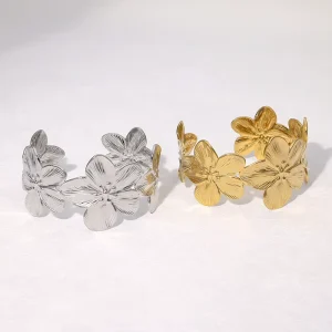 Non Tarnish Waterproof Exaggerated Floral Women’s Jewelry Textured Bloom Large Opening Stainless Steel and PVD Gold Bangle Cuff