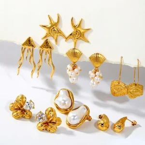 Non Tarnish Zircon Flower Baroque Pearl Starfish Shell Earring Custom Waterproof 18K Gold PVD Stainless Steel Ocean Earrings Set