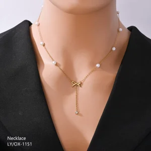 Noran Trendy Fashion Elegant Waterproof 18K Gold Plated Link Necklace Bow Pendant Pearl Tassel Stainless Steel Women