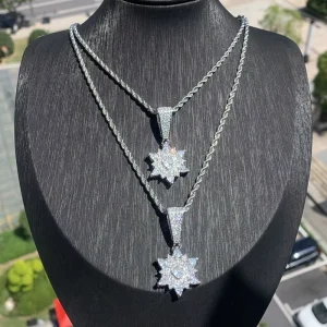 North Star Heart Pendant Necklace with CZ Stones for Men Hip Hop Jewelry