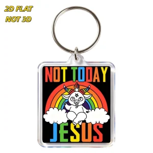 Not Today Jesus Rainbow Goat Acrylic Keychain Funny Satirical Charm with Clouds Horns for Bags Keys Durable Clear Tag
