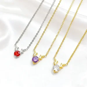 Novirassine Dainty Deer Antler Necklace 316L Stainless Steel Colorful Zircon Round Cut Pendant Cute Animal Nature Jewelry Gift
