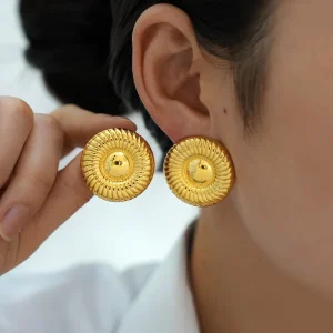Novirassine Stainless Steel 18K Gold PVD Plated Waterproof Tarnish proof Round Textured Stud Earrings Minimalist Fashion Jewelry