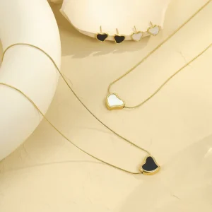 Novirassine Tarnish Free 18K Gold PVD Plated Stainless Steel Heart Jewelry Set Shell Inlay Pendant Necklace Stud Earring Set