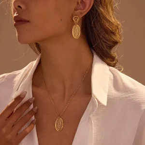 Novirassine Tarnish Free Stainless Steel 18K Gold Plated Oval Spiral Swirl Jewelry Set Chunky Statement Necklace Earring Set