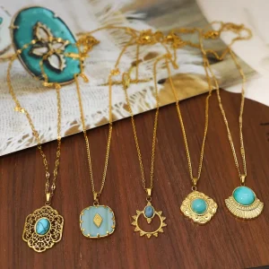Novirassine Waterproof 18K PVD Gold Plated Stainless Steel Turquoise Pendant Necklace Set Tarnish-Free Boho Fashion Jewelry
