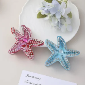 ODM OEM Cross Border New Fashion Commuting Starfish Claw Clip Acrylic Rhinestones Blue Pink Casual Luxury Hair Accessory