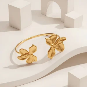 ODM OEM Custom Hypoallergenic Stainless Steel 18K Gold Plated Open Flower Fashion Bangle Unisex Jewelry Brand Model