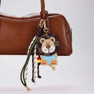 OEM Cartoon Lion Keychain PU Leather Multi Rope Detail Decorative Fashion Animal Bag Charm