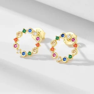 OEM Custom Jewelry Fashion 925 Sterling Silver Round Colorful Zircon Jewelry 18K Gold Plated rainbow Colors Stud Earring Jewelry
