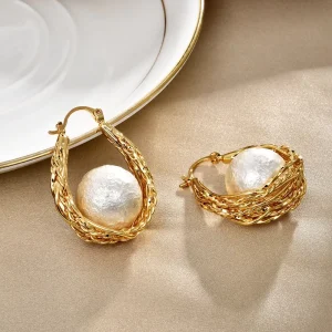 OEM Custom Jewelry Niche Designer Earring Woven Hemp Pattern High end Beads Imitation Pearl Earrings Fashion Earring
