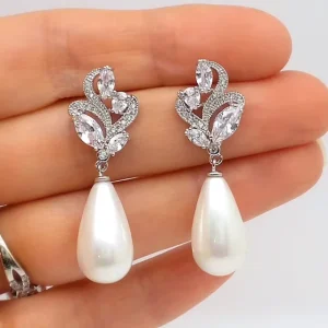 OEM Custom Simple Women’s Waterdrop Imitated Pearl Cubic Zirconia Earrings for Wedding Fashion Party Drop Earrings Bridal
