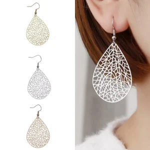OEM Jewelry for Women Copper 14K Gold Plated Silver Rose Gold Teardrop Filigree Dangle Earrings Lightweight Leaf Drop Earrings