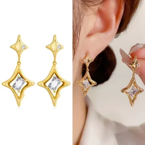 OEM ODM 14K Gold Plated Star Shape Earrings 2 Star Earrings Trendy Fashion Jewelry Brass CZ Star Drop Dangle Earrings for Women