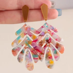 OEM ODM Acrylic Earrings Long Statement Leaf Resin Palm Leaf Earrings Vacation Jewelry Floral Fashion Drop Earrings for Women