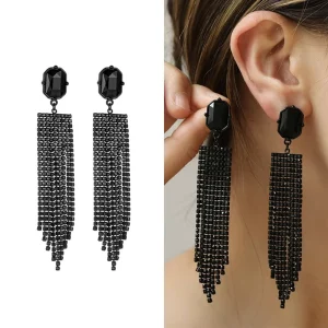 OEM ODM Black Boho Rhinestone Long Tassel Earrings Fringe Chain Dangle Drop Earrings Sparkle Geometric Earrings for Women
