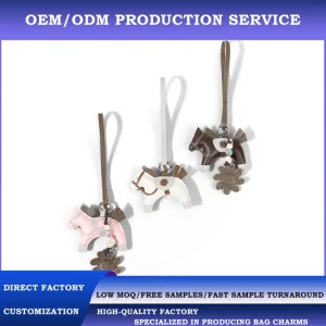 OEM ODM Custom Logo Leather Horse Bag Charm Luxury Equestrian Keychain Flower Bead Handbag Pendant Boutique Gift