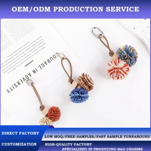 OEM ODM Custom Logo Leather Pompom Bag Charm Luxury Suede Ball Keychain Wood Bead Handbag Pendant Fashion Accessories