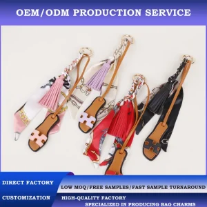 OEM ODM Custom Logo Leather Sandal Bag Charm Luxury Twilly Silk Scarf Tassel Keychain Handbag Pendant Boutique Gift