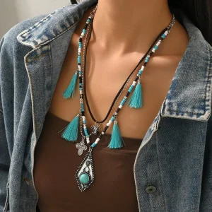 OEM ODM Jewelry Factory Fashion Personalized Multi Layer Turquoise Bohemian Tassel Beaded Feather Zinc Alloy Necklace Women’s
