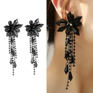 OEM ODM Luxury Statement Flower Jewelry Set Long Tassel Earrings Black Stone Earrings Crystal Earrings for Women