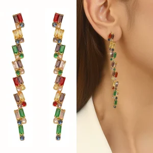 OEM ODM Multi Color Gemstone Jewelry Brass Rainbow CZ Fashion Gold Plated Zircon Earrings Stone Earrings Long Drop Earrings
