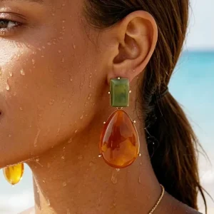 OEM ODM Resin Drop Dangle Earrings Two Tone Green Amber Rectangular Teardrop Resin Statement Earrings Vintage