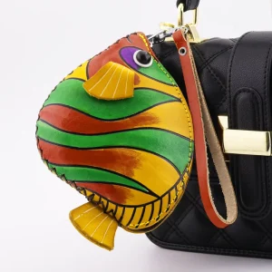 OEM ODM Supported Personalized Color Logo Size & Packaging Premium Cowhide Fish Keyring Bag for Gifts & Fashion Accessories