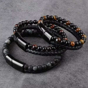 OEM Stainless Steel Men’s Woven Natural Stone Genuine Leather Magnetic Bracelet