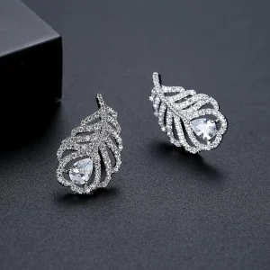 OJ Fashion Jewelry Korean Rhodium Plated Brass Feather Design Engagement Woman Elegant Bridal Big Earrings