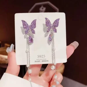OJ Fashionable Purple Colored Earrings with Diamonds Butterfly Design Long Pearl Fringe